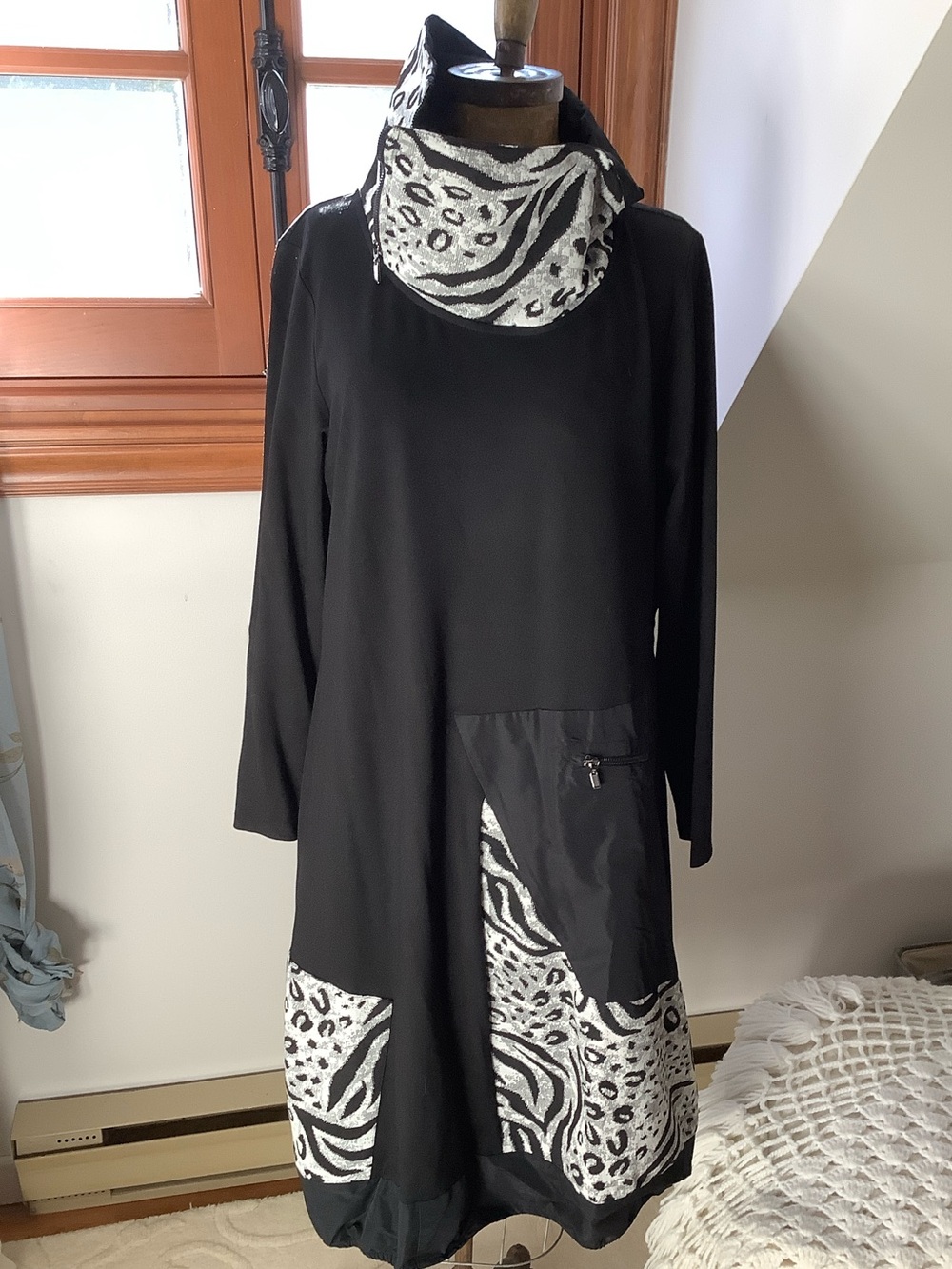 Black Long-Sleeve Dress with White Animal Print Accents